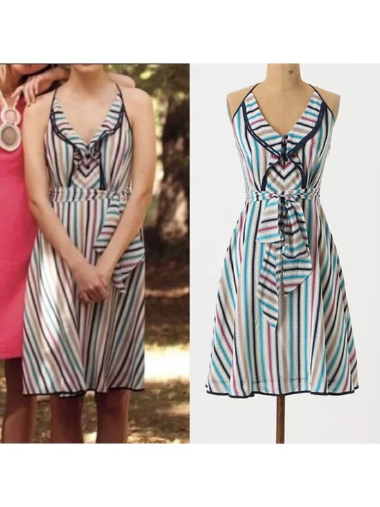 Anthropologie Girls From Savoy Size 14 Cream Striped Gull Wing Silk Sun Dress - Picture 2 of 16